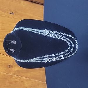 Set... Silver Three Chain Necklace with Crystal Like Dangle Earrings
